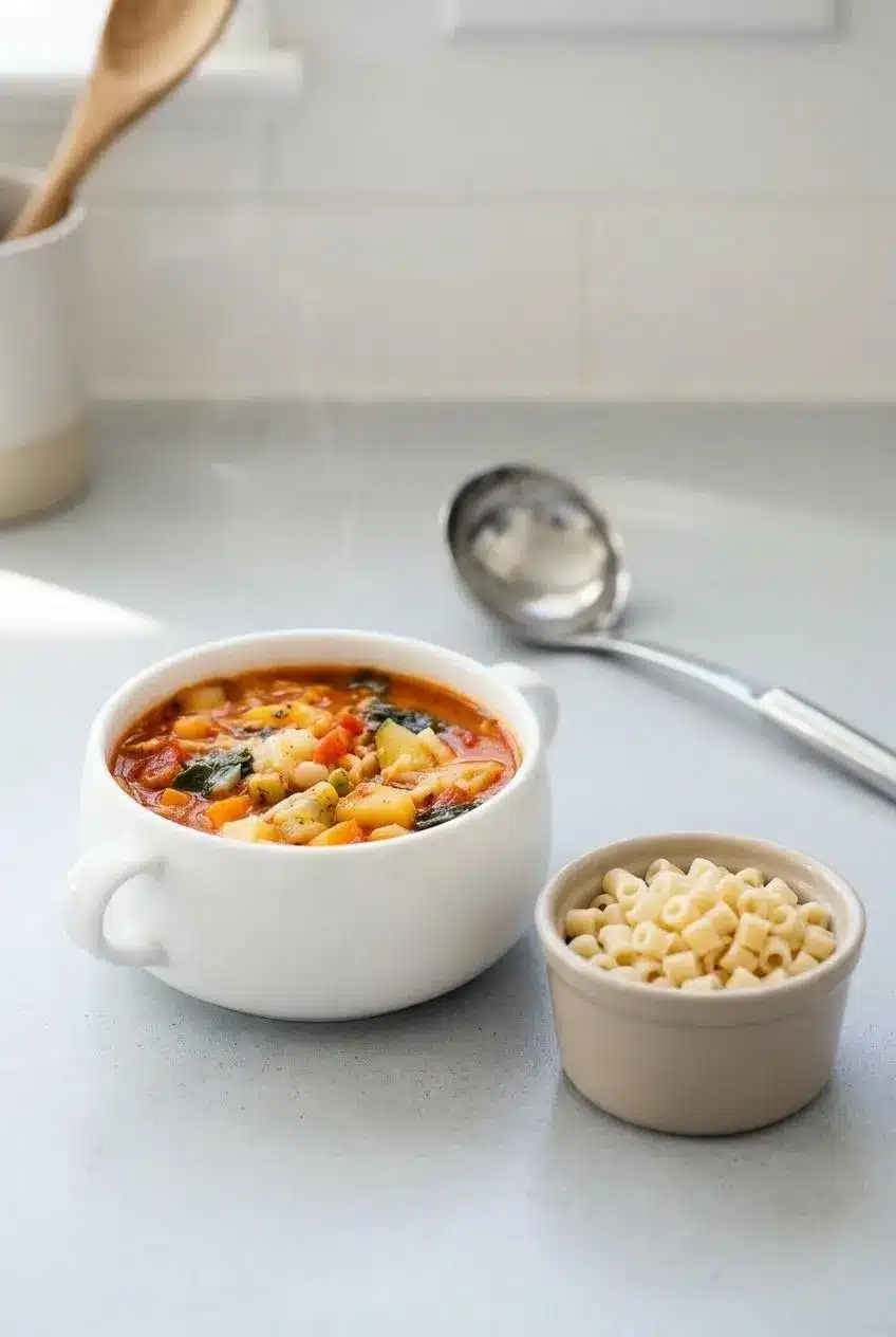 A bowl of minestrone soup sits next to a small ramekin of cooked orecchiette pasta, showing the option to add it just before serving.