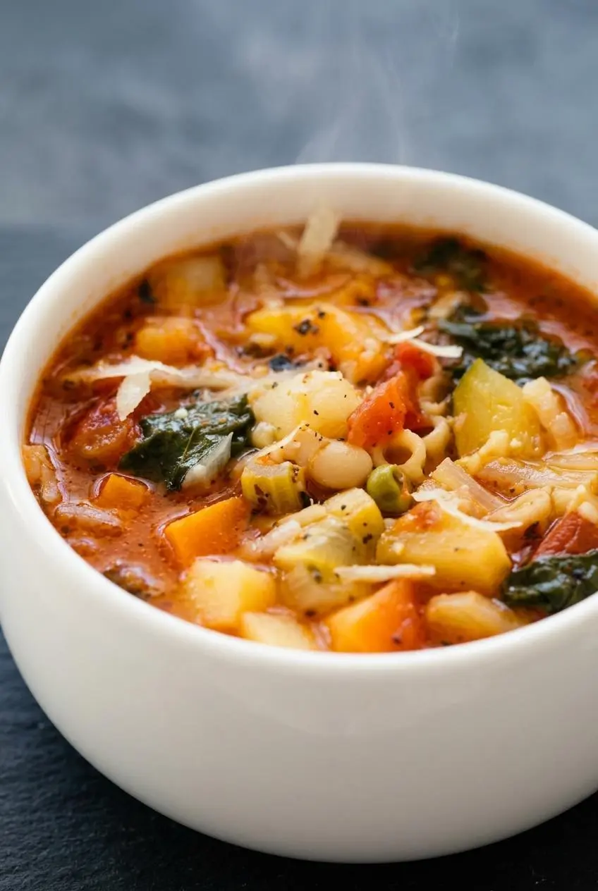 A tight macro close-up of minestrone soup, showing the glossy tomato broth clinging to orecchiette pasta, white beans, and tender