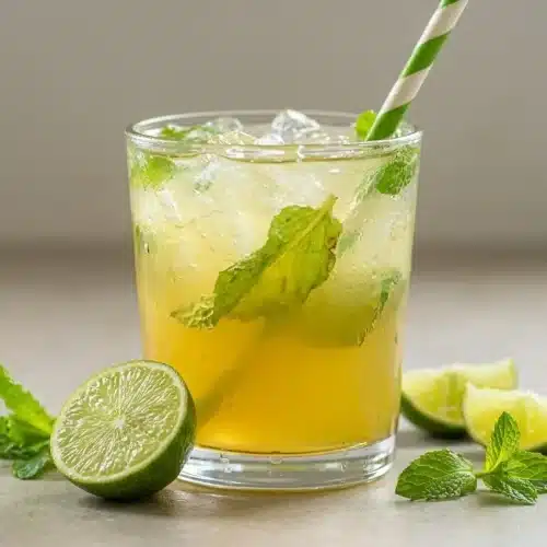A tall glass of refreshing Mint Mojito Iced Tea, filled with ice cubes and garnished with a fresh mint sprig.