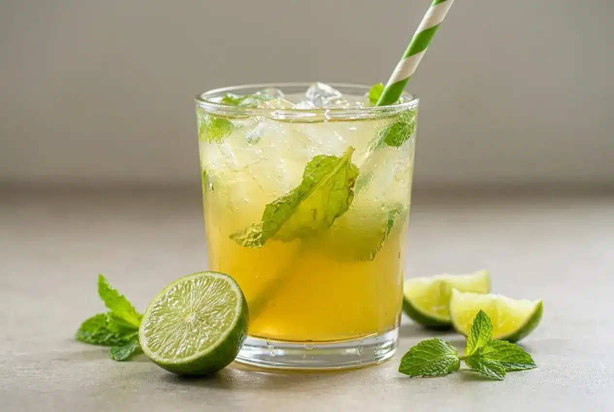A tall glass of refreshing Mint Mojito Iced Tea, filled with ice cubes and garnished with a fresh mint sprig.