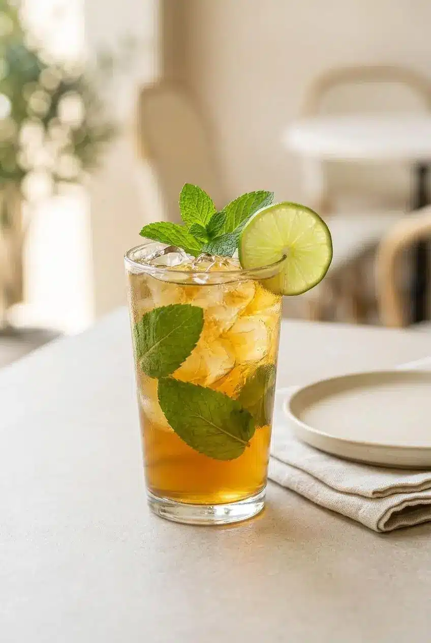 A Mint Mojito Iced Tea served in a tall glass on a limestone table, garnished with a fresh mint sprig and a lime wheel.