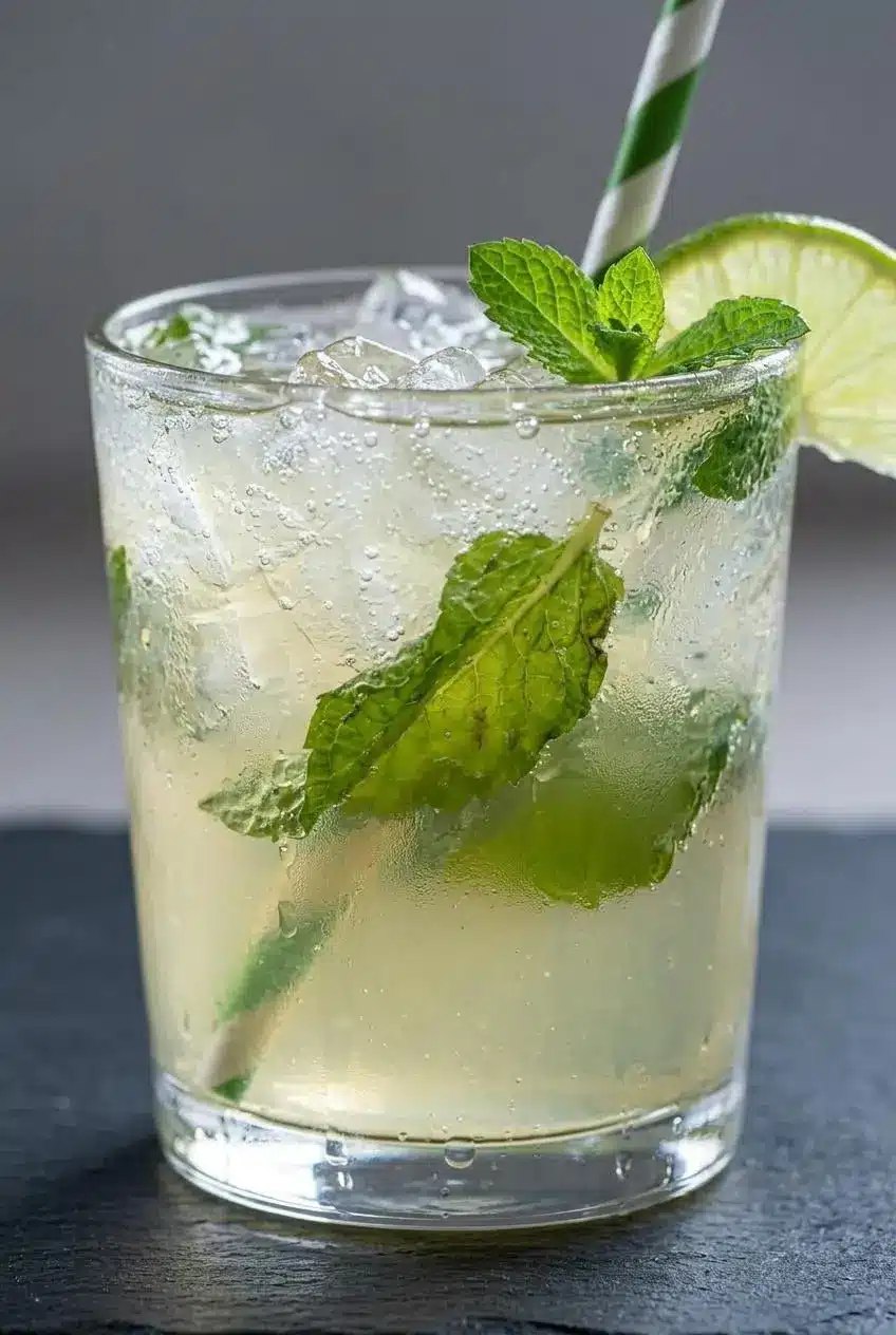 Extreme close-up of a mint mojito iced tea showing tiny bubbles clinging to ice cubes and condensation on the glass.
