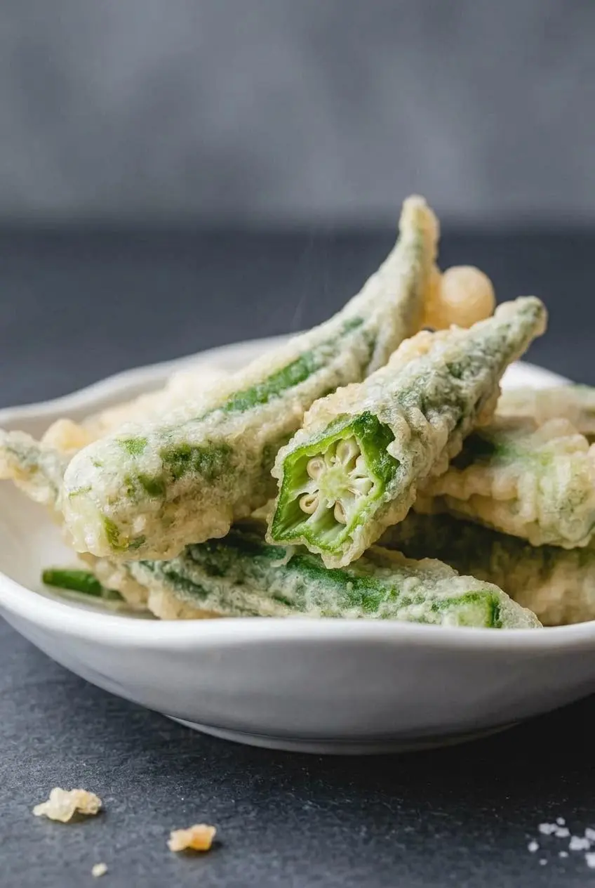 A close-up macro view of freshly fried okra tempura, with one piece broken to show the tender green okra inside the brittle, pale-golden