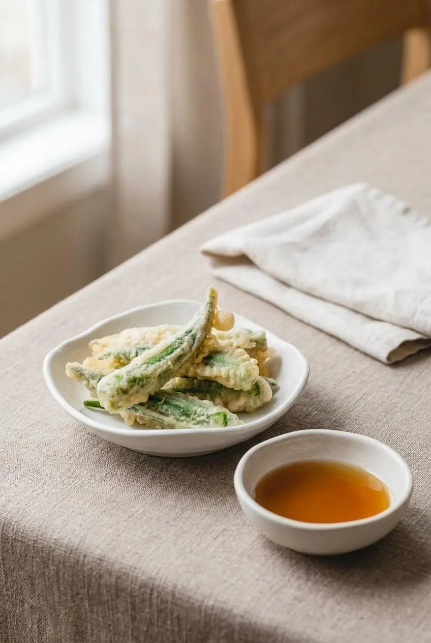A plate of okra tempura served next to a small bowl of dark tentsuyu dipping sauce on a linen-covered table.