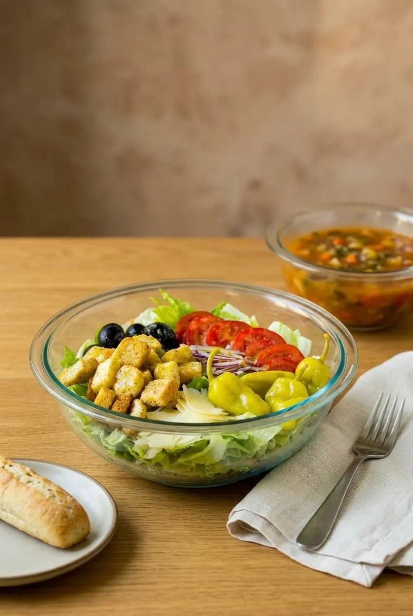 A bowl of copycat Olive Garden salad served on a dinner table with a breadstick on a side plate and a bowl of soup in the background.