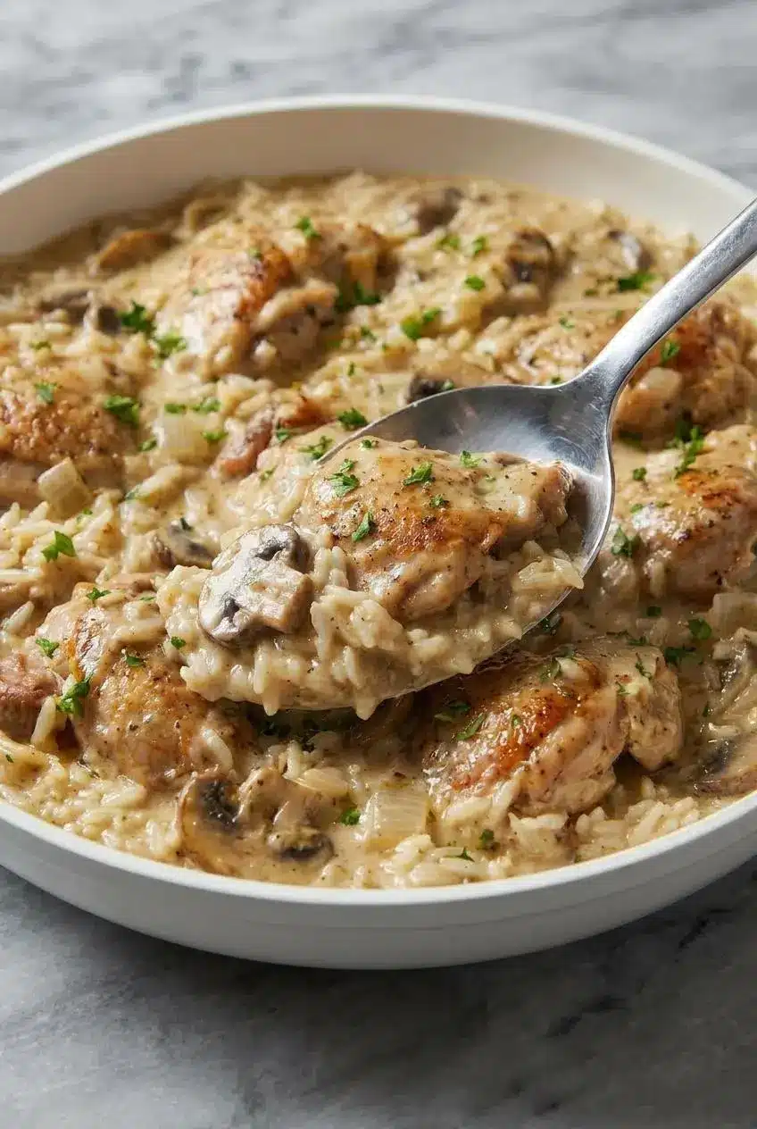 A large cast iron skillet showing smothered chicken and rice simmering together, highlighting the easy one-pan dinner cooking method.