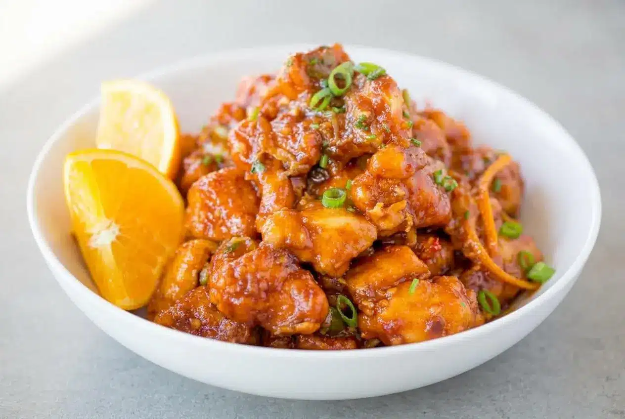 A white bowl of crispy orange peel chicken with a glossy, tangy sauce, garnished with fresh green onion and julienned orange peel.
