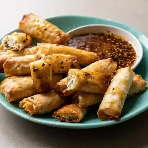 A platter of golden-brown oven-fried feta rolls with chili honey drizzled over the top, showing their crisp, flaky phyllo pastry.