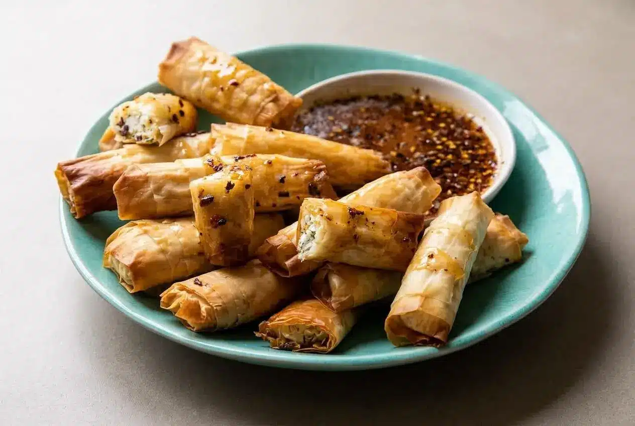 A platter of golden-brown oven-fried feta rolls with chili honey drizzled over the top, showing their crisp, flaky phyllo pastry.