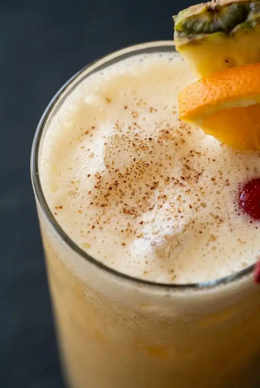 A close-up view of the top of a Painkiller cocktail, showing the thick, pale-yellow foam dusted with freshly grated nutmeg.