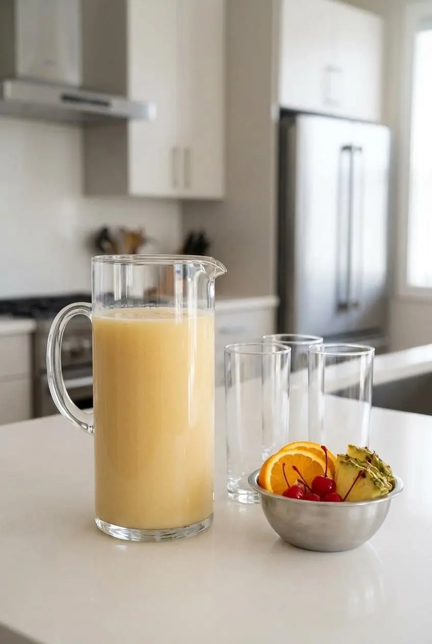 A large glass pitcher filled with Painkiller cocktail mix, ready for a party, with empty glasses and a bowl of garnishes on a kitchen