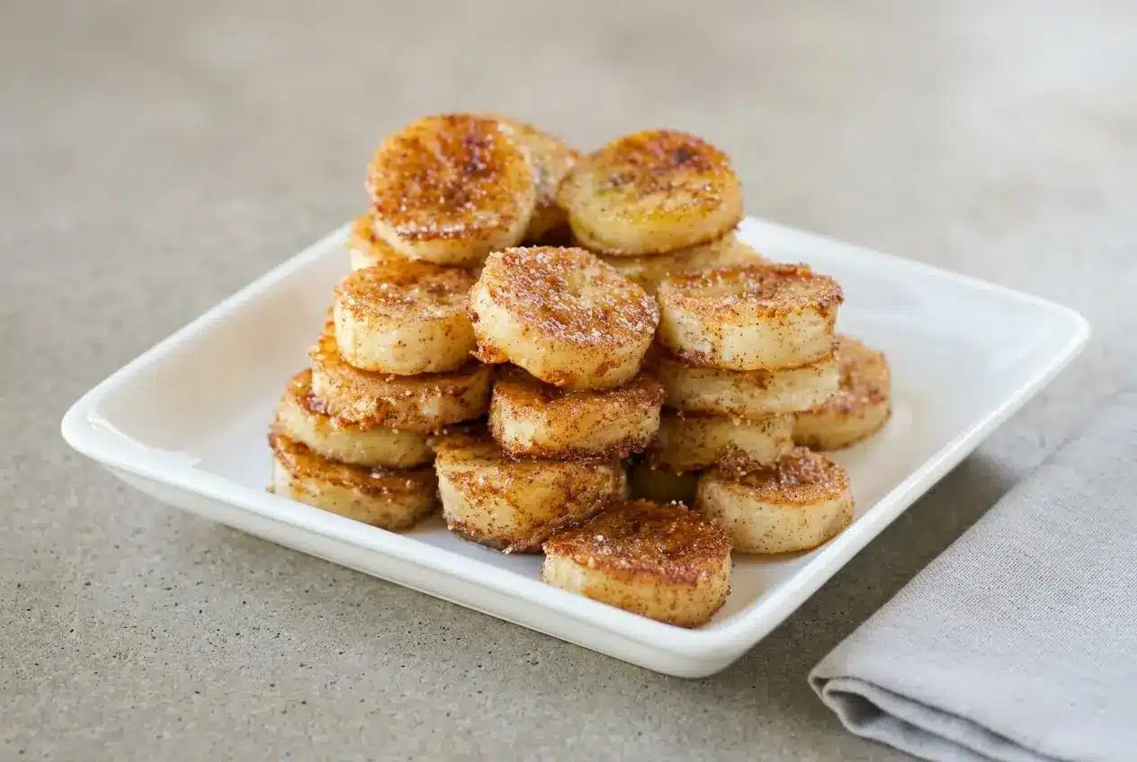 A white bowl filled with Pan Fried Cinnamon Bananas, showing their glossy, caramelized coating and a sprinkle of cinnamon.