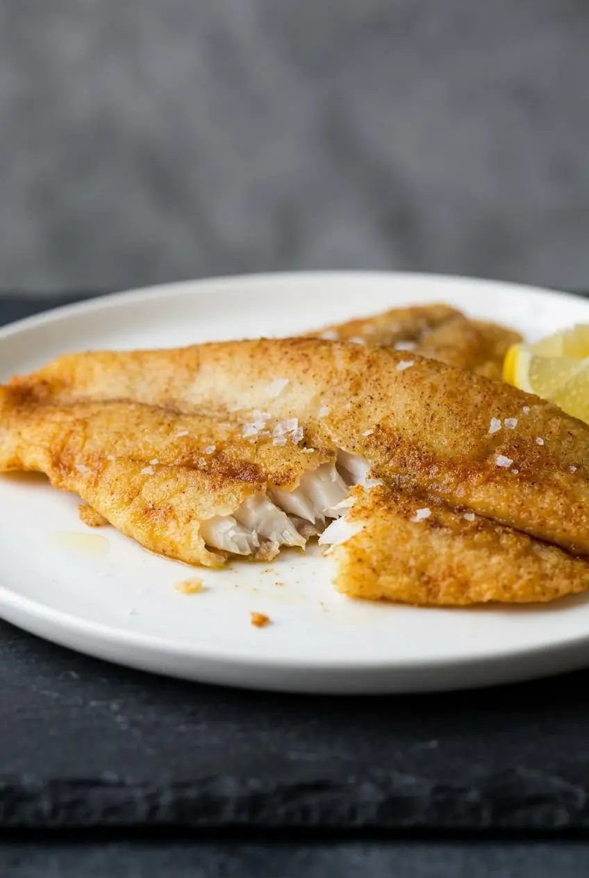 A close-up macro shot of a pan-fried fish fillet, broken open to reveal the flaky white meat inside its ultra-crispy golden crust.