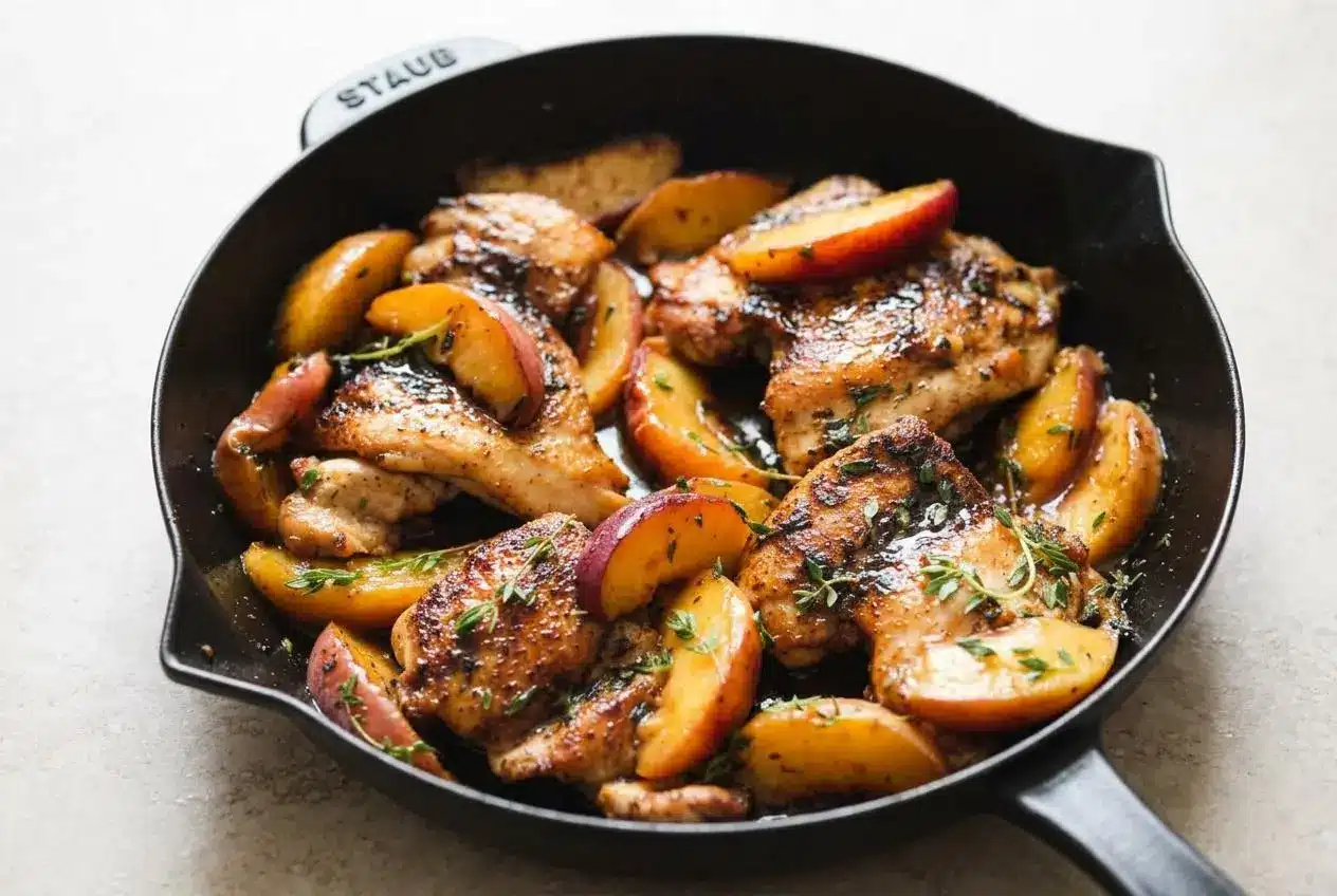 Peach chicken in a cast iron skillet, with golden seared chicken thighs and tender peaches in a glossy honey lemon sauce.