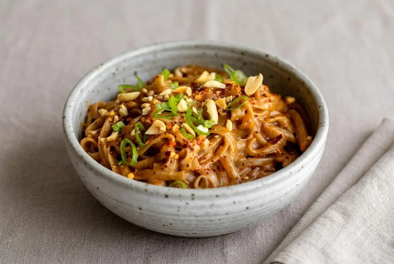 A bowl of Peanut Butter Noodles with a creamy sauce, lifted by chopsticks and topped with crushed peanuts and scallions.