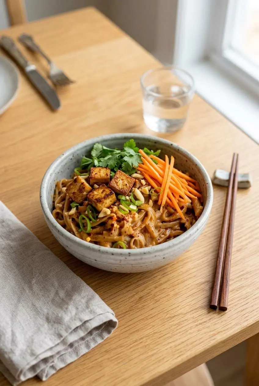 A bowl of peanut butter noodles served as a full meal, topped with crispy tofu, shredded carrots, and fresh cilantro.