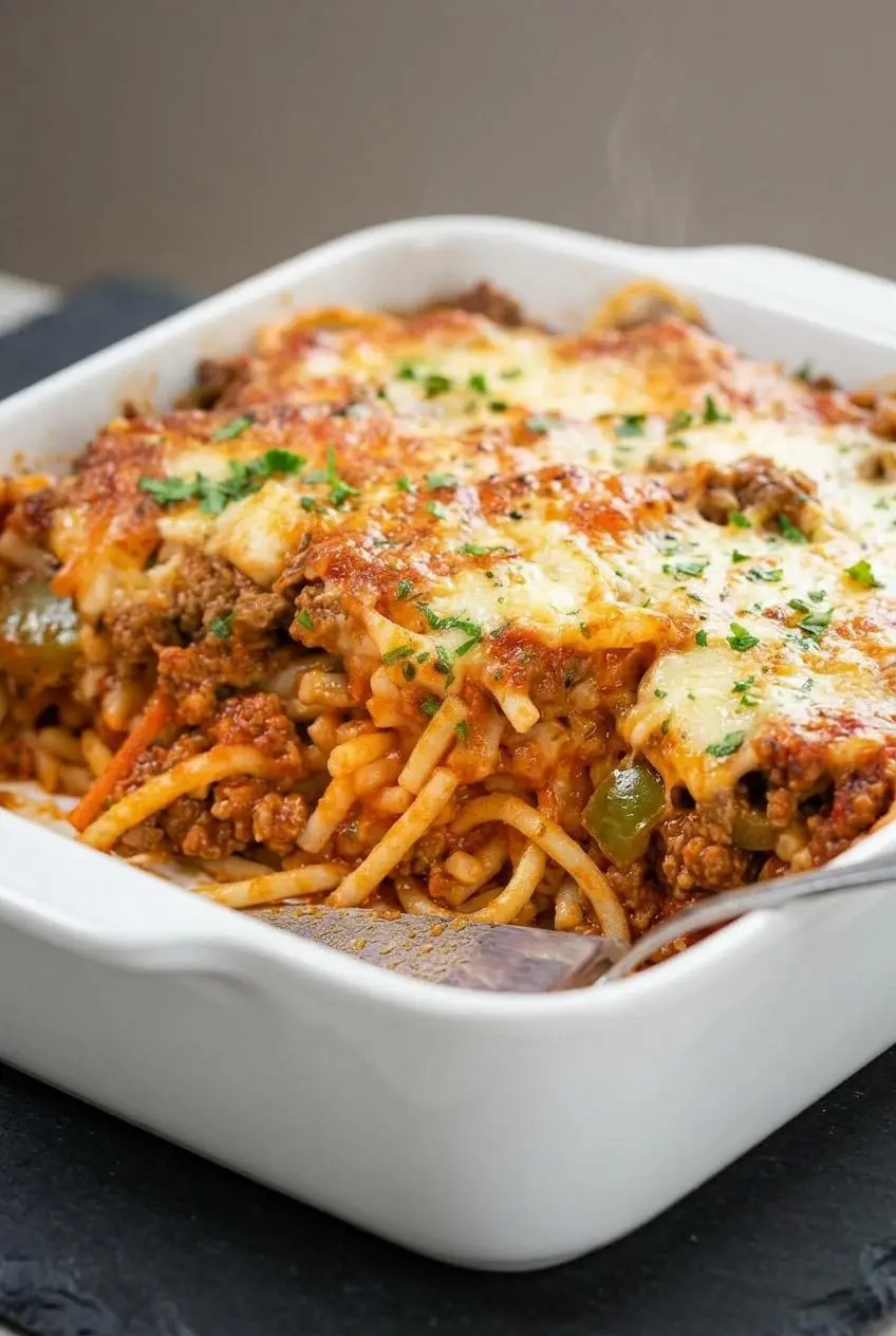 Close-up of a corner of baked spaghetti, showing the sliceable layers of pasta, meat sauce, and bubbly, browned mozzarella cheese.