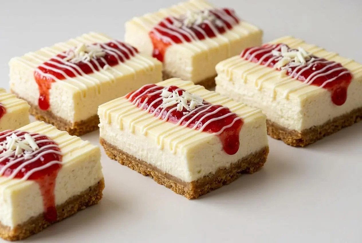 A sliceable Philadelphia Cheesecake Bars with a buttery graham cracker crust, creamy filling, strawberry compote, and a white chocolate