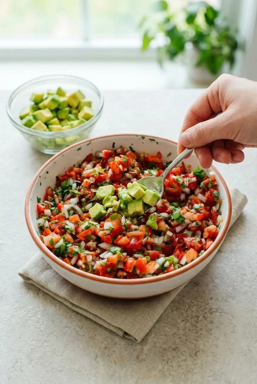 A hand using a spoon to gently fold diced fresh avocado into a bowl of classic pico de gallo.