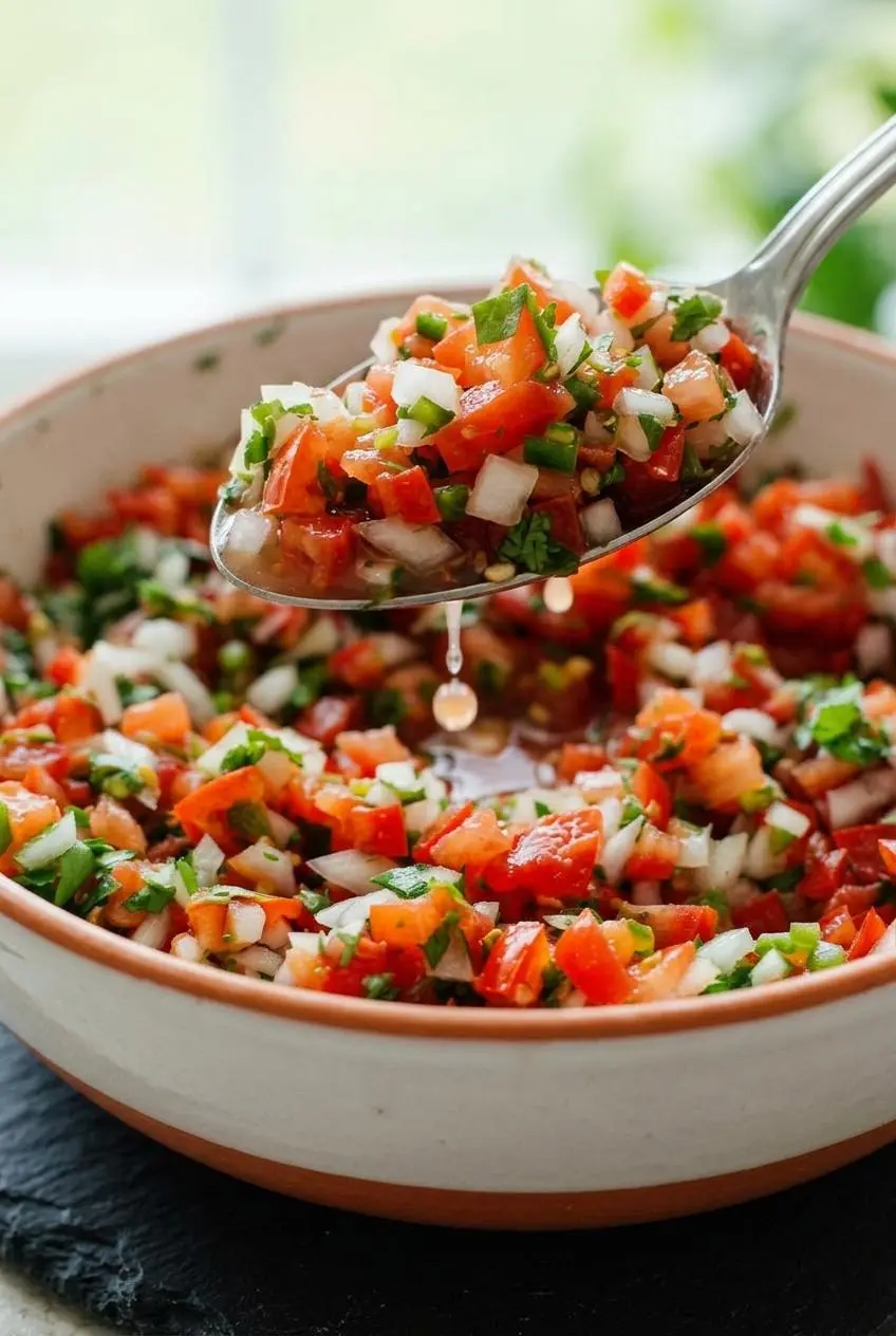A slotted spoon lifting chunky pico de gallo from a bowl, letting excess liquid drain to show a non-watery texture.