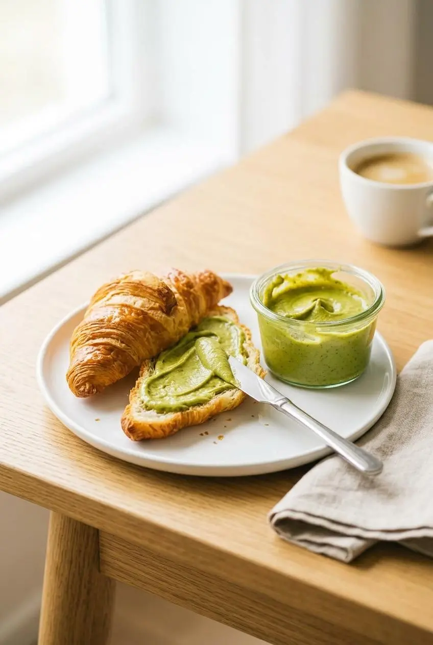A flaky croissant on a white plate being spread with a generous amount of green pistachio cream.
