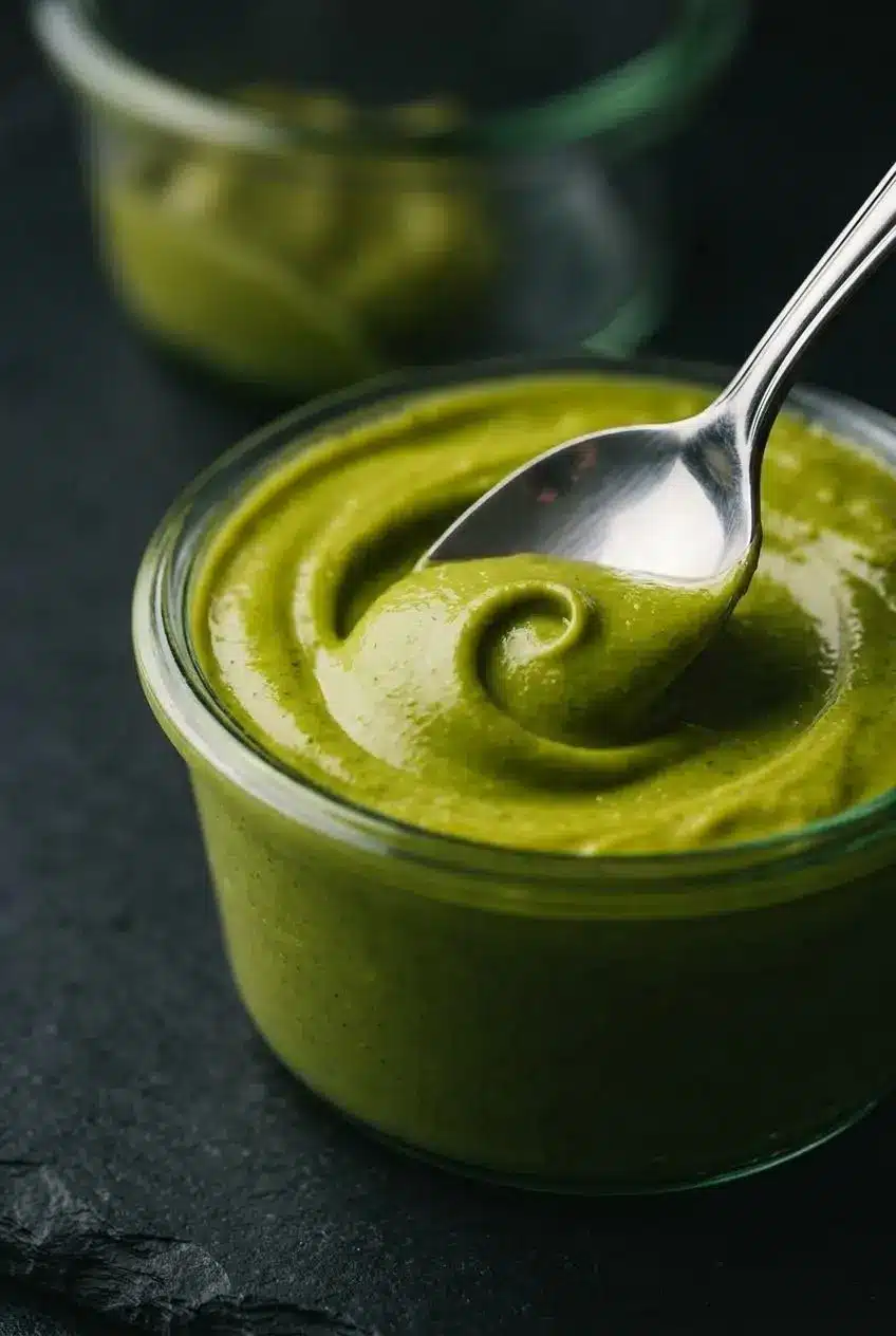 An extreme close-up of a silver spoon lifting a swirl of glossy, smooth pistachio cream, showing its velvety texture.