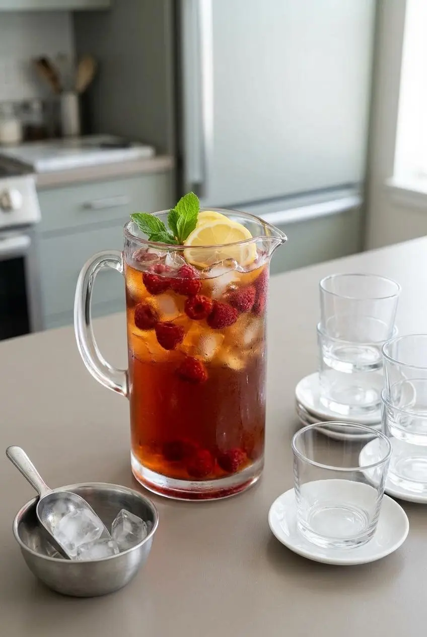 A large glass pitcher of Earl Grey raspberry iced tea on a kitchen counter, with empty glasses and a bowl of ice ready for a party.