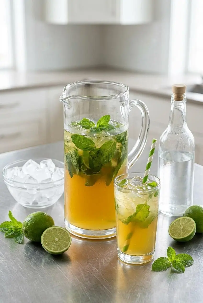 A glass pitcher of mint mojito iced tea base next to a finished glass, a bowl of ice, and a bottle of club soda.