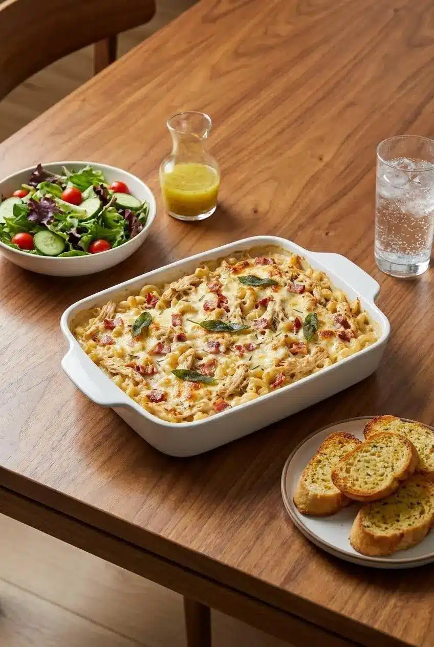 A single serving of creamy chicken pasta bake on a white plate, garnished with fresh parsley and ready for a weeknight dinner.