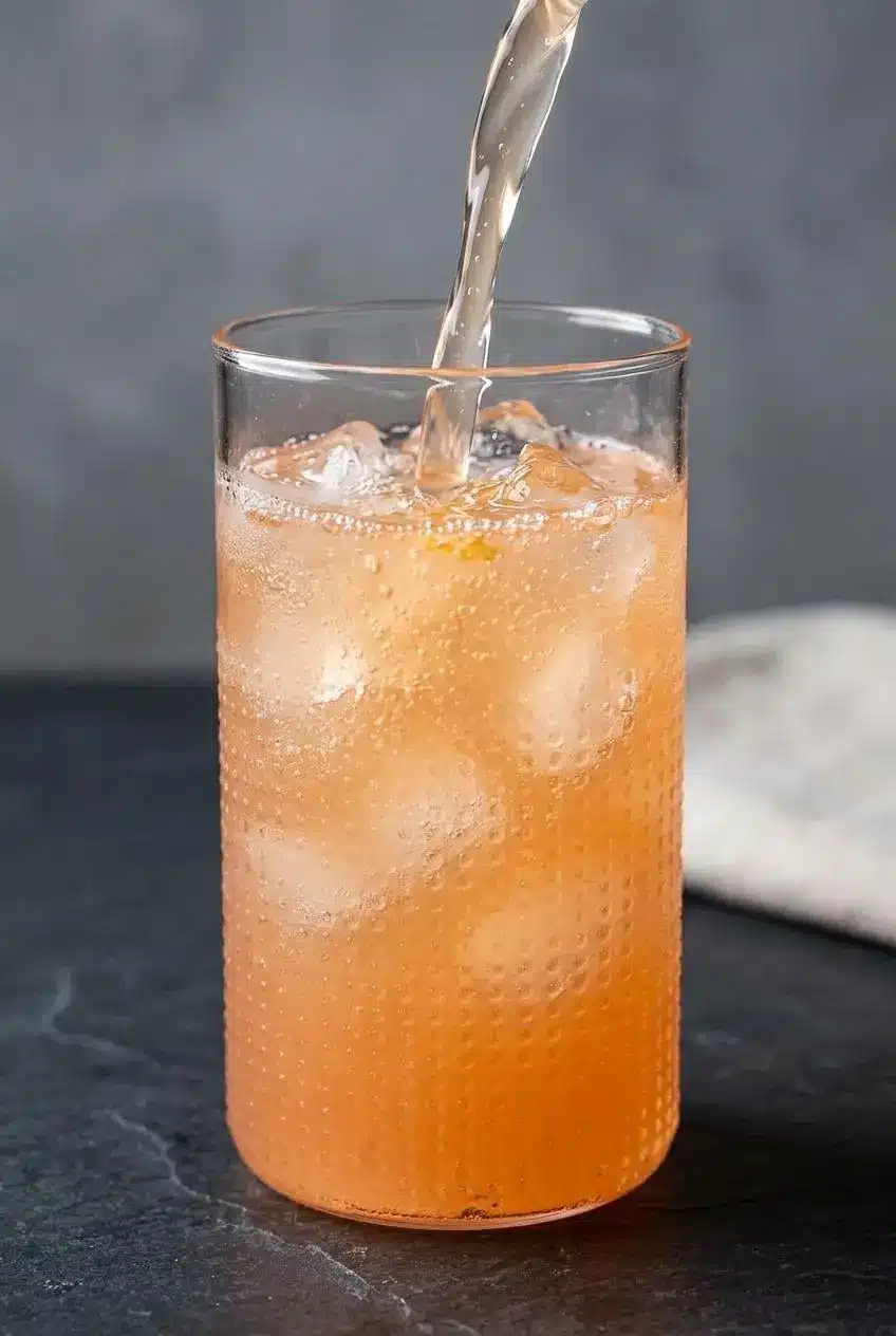 A close-up of peach lemonade being poured into a glass with ice cubes, showing its translucent golden color.
