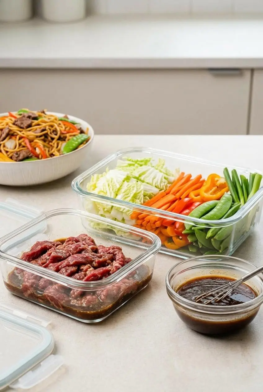 Meal prep containers on a kitchen counter with sliced marinated beef, chopped vegetables, and stir-fry sauce, ready for making beef lo mein.