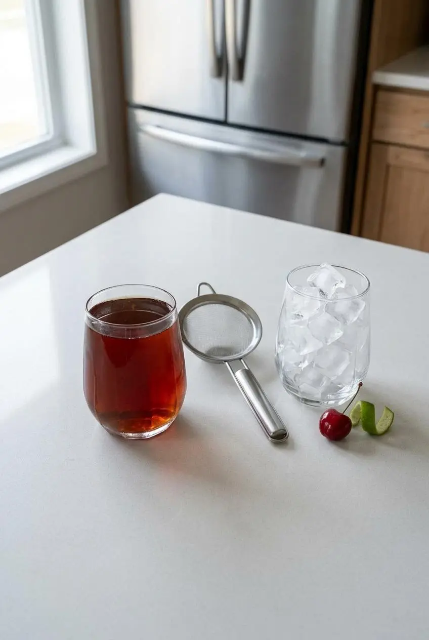 Overhead view of a glass of chilled, strained cherry ginger tea next to a glass of ice, showing how to serve without dilution.