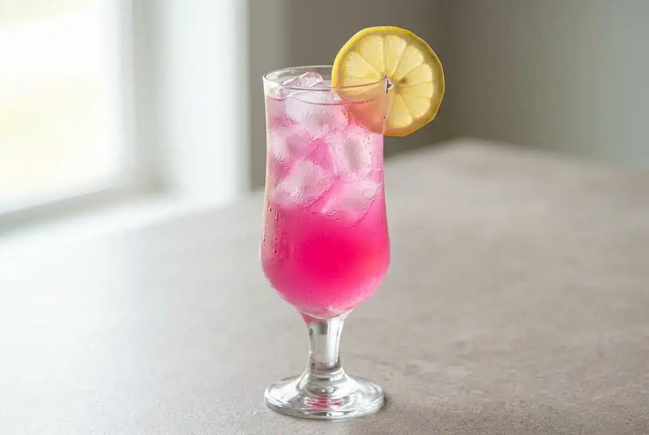 A tall glass and pitcher of vibrant, refreshing Prickly Pear Lemonade, garnished with fresh lemon slices and filled with ice.