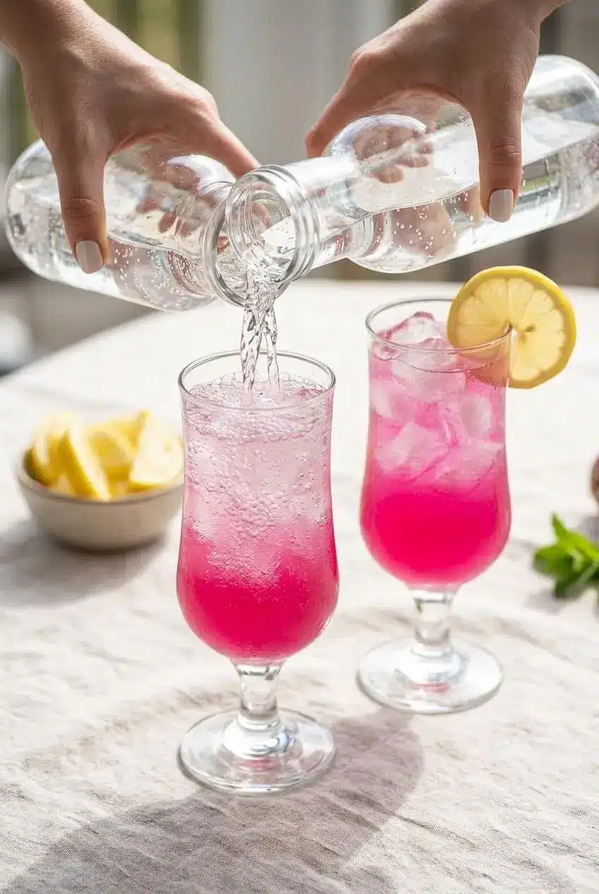 A hand pouring sparkling water into a tall glass of prickly pear lemonade on a sunlit patio to make a fizzy version.