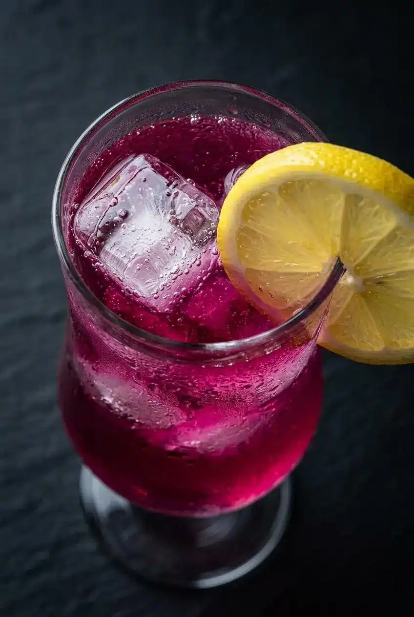 A macro view of prickly pear lemonade, with tiny bubbles on a submerged lemon slice and glistening condensation on the glass.