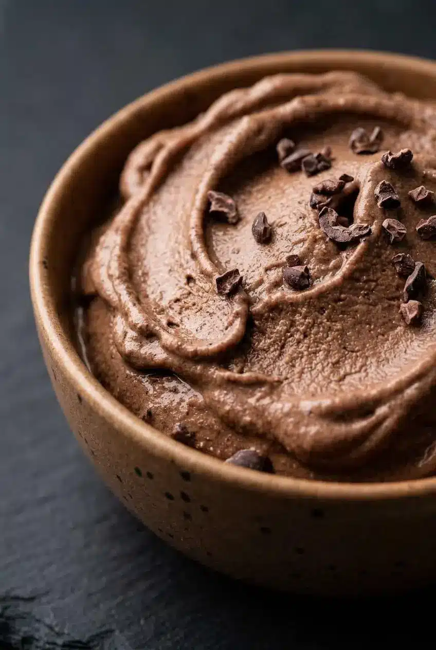 A close-up macro view of chocolate protein ice cream, highlighting its dense, creamy swirls and embedded chocolate chips.