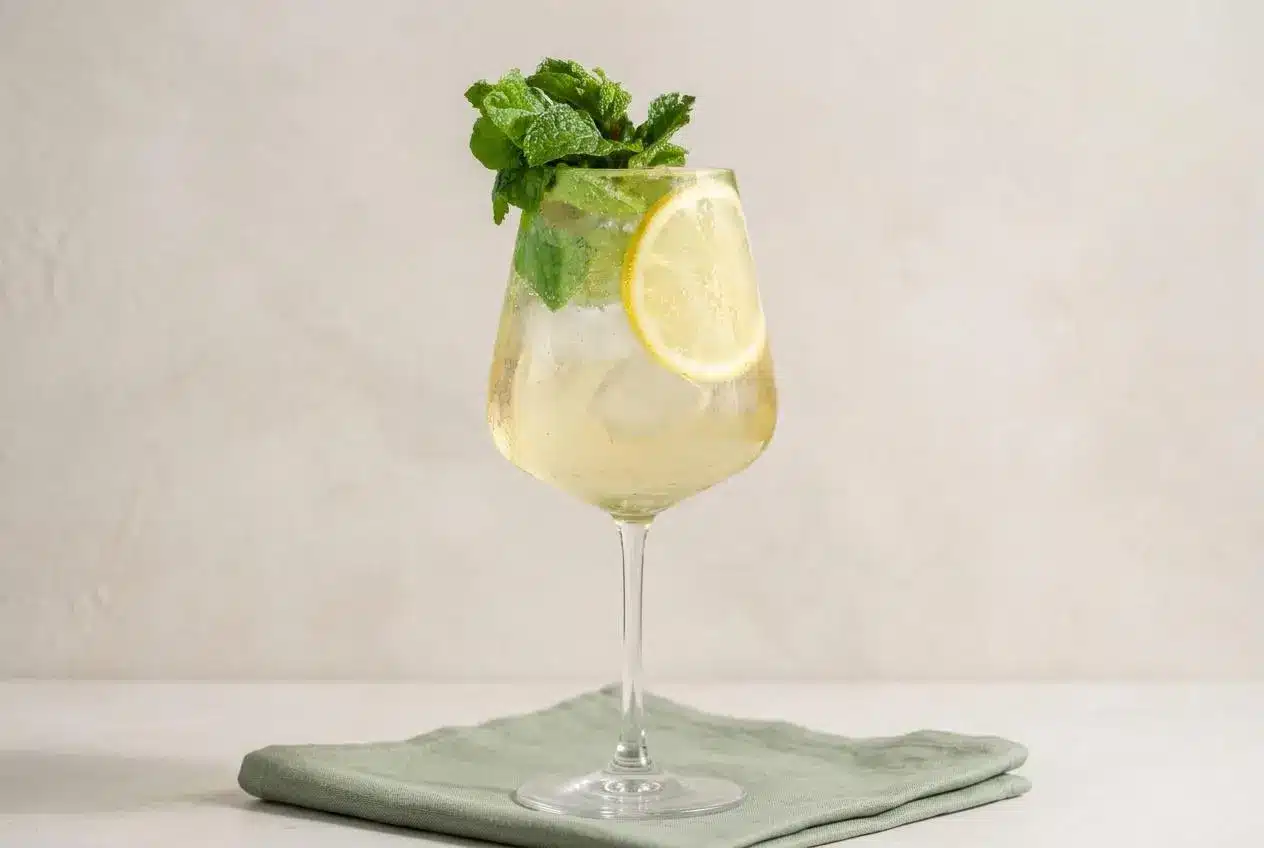 A refreshing Hugo Spritz Mocktail in a large stemmed glass, garnished with fresh mint and a lime slice, showing bubbly effervescence.