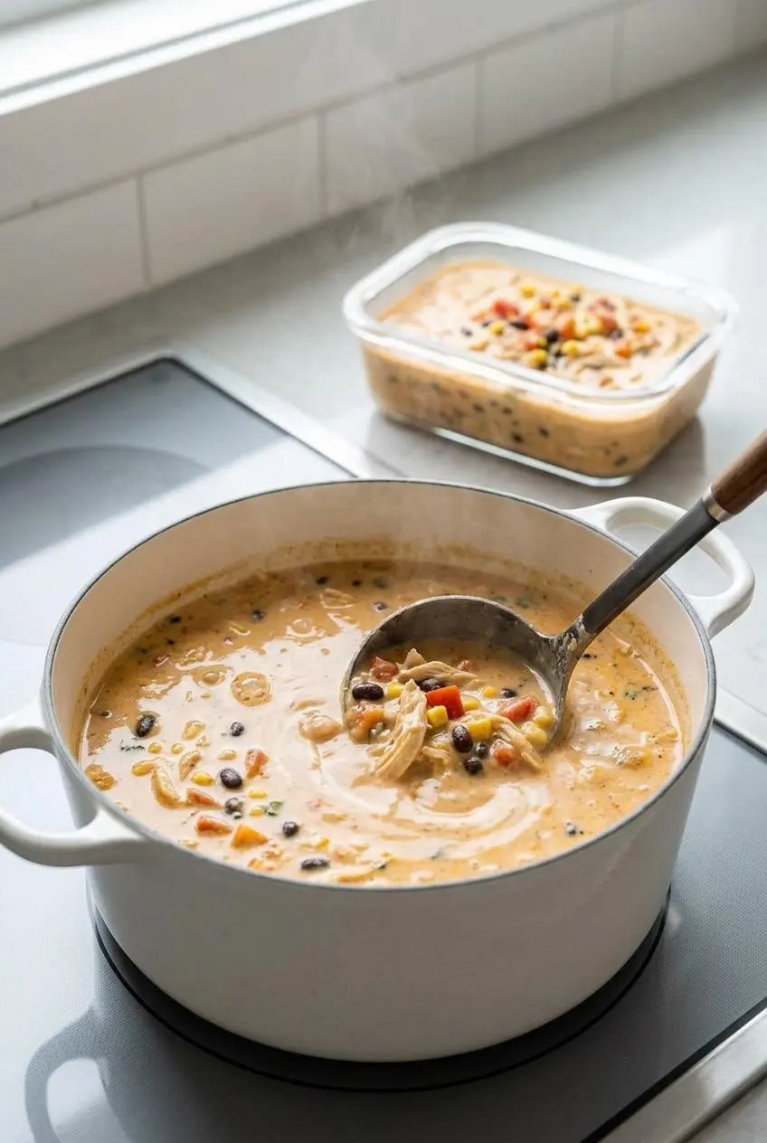 A ladle gently stirring leftover chicken taco soup in a pot on a stovetop, with a storage container visible in the background.
