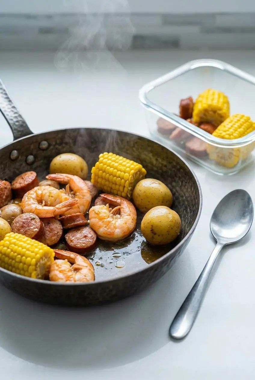 Leftover Low Country Boil being gently reheated in a pot on a stove, with an airtight storage container visible in the background.