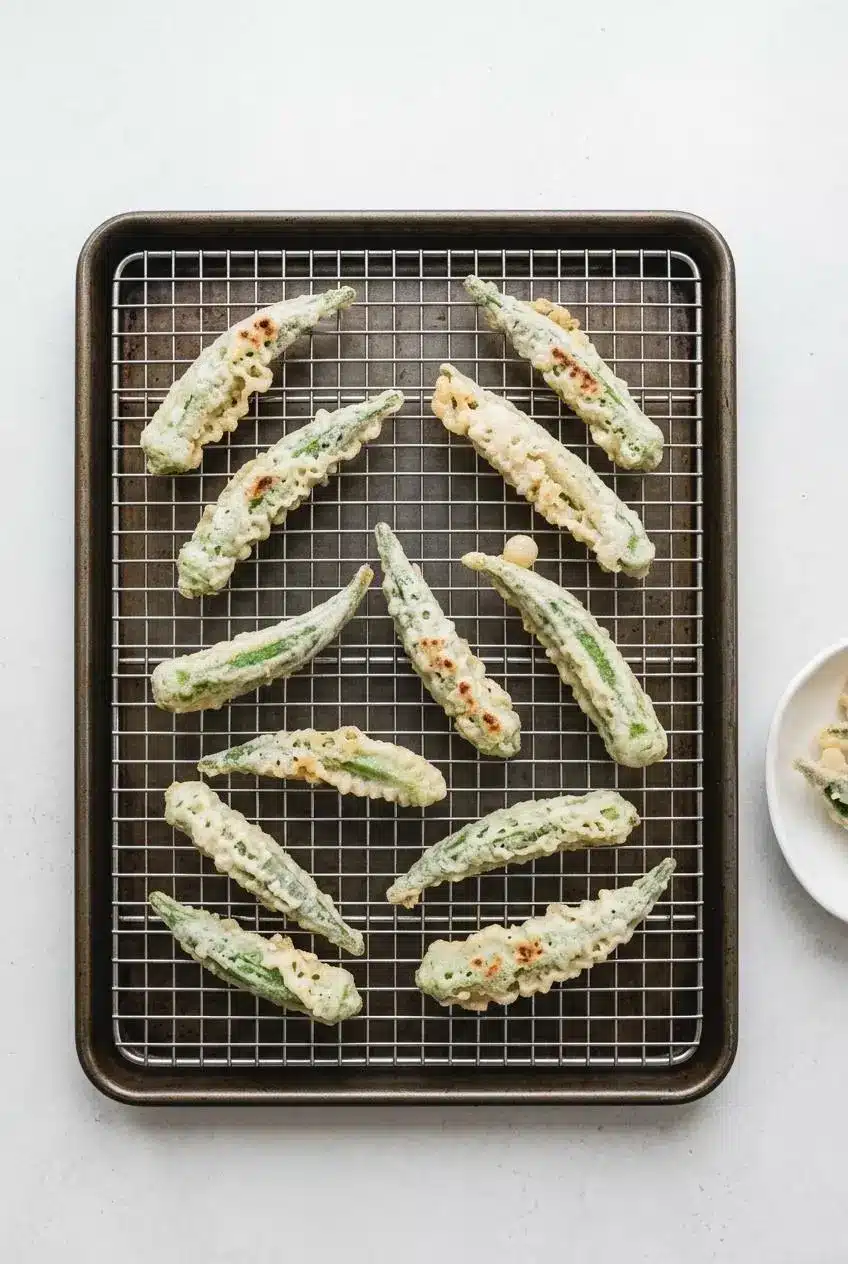 Overhead view of leftover okra tempura arranged on a wire rack over a baking sheet, ready to be reheated in the oven.