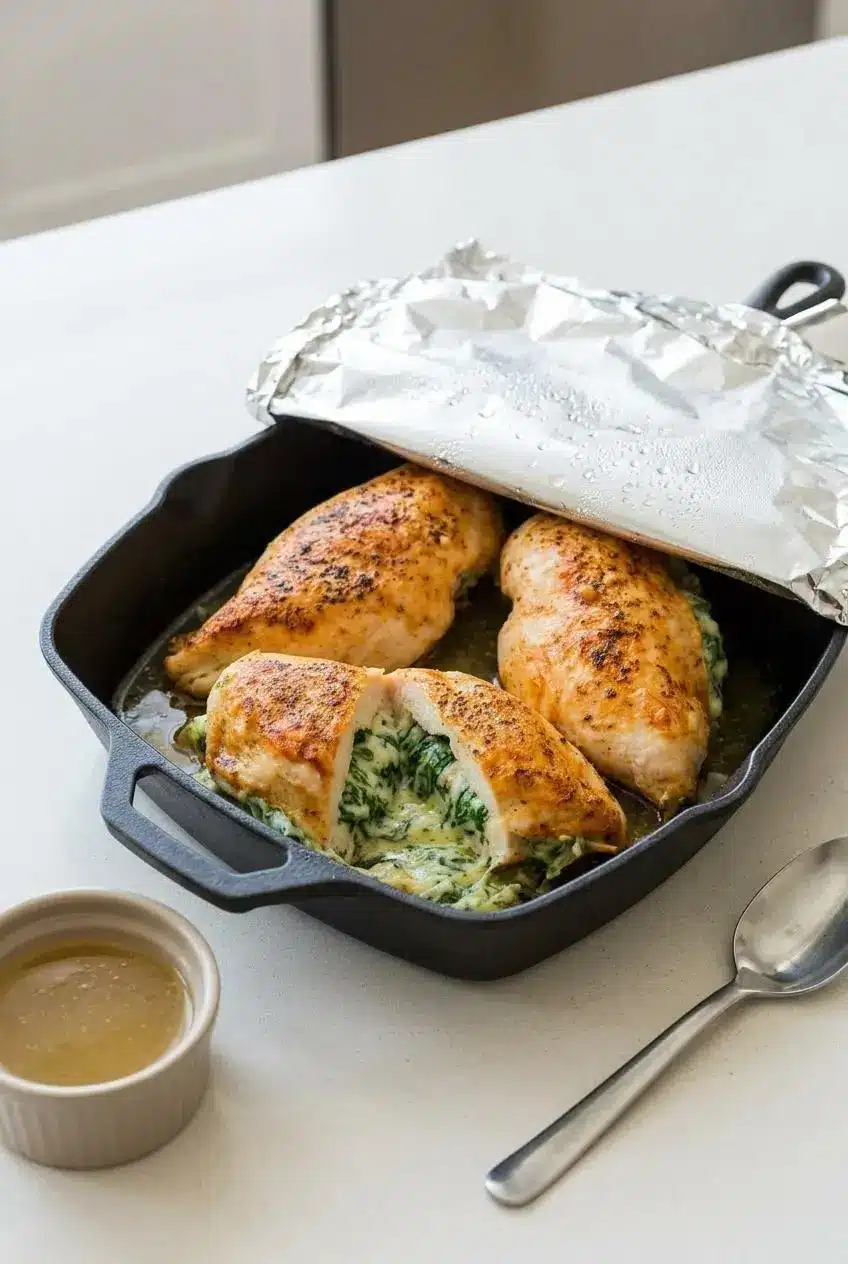 Two cooked spinach stuffed chicken breasts in a baking dish, partially covered with aluminum foil, ready for reheating in the oven.