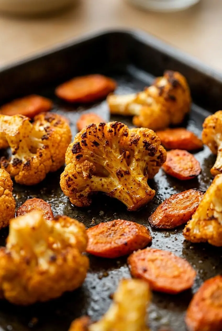 Extreme close-up of roasted cauliflower and carrots on a baking sheet, showing caramelized, crispy brown edges.