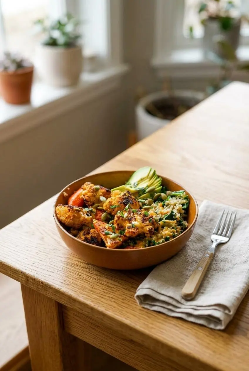A finished roasted veggie glow bowl served on a wood table with a linen napkin and fork, ready to eat.