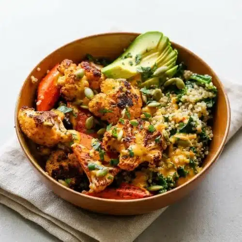 A vibrant Roasted Veggie Glow Bowls with caramelized cauliflower and carrots, quinoa, fresh avocado, and a creamy golden tahini dressing.