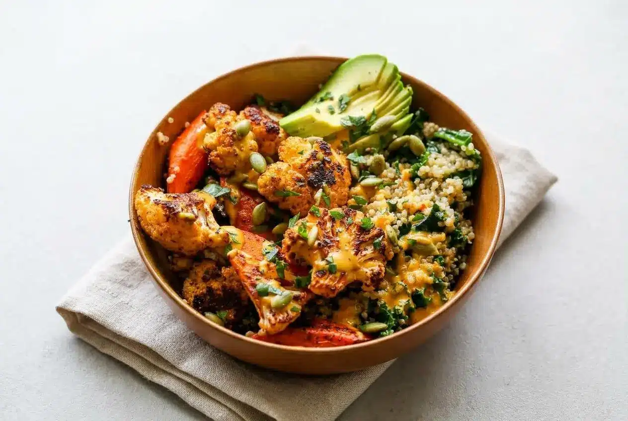 A vibrant Roasted Veggie Glow Bowls with caramelized cauliflower and carrots, quinoa, fresh avocado, and a creamy golden tahini dressing.
