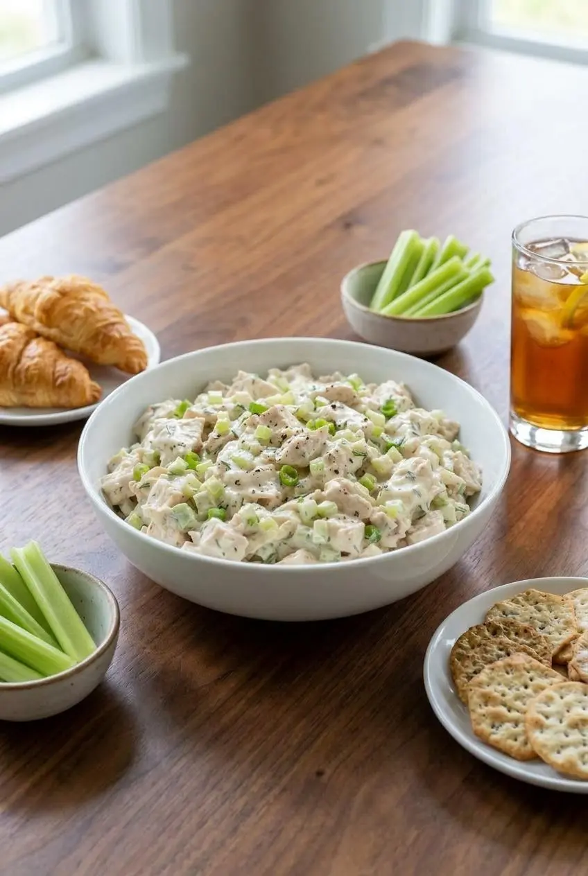 A serving of rotisserie chicken salad presented on a flaky croissant, ready to be eaten for a simple lunch.