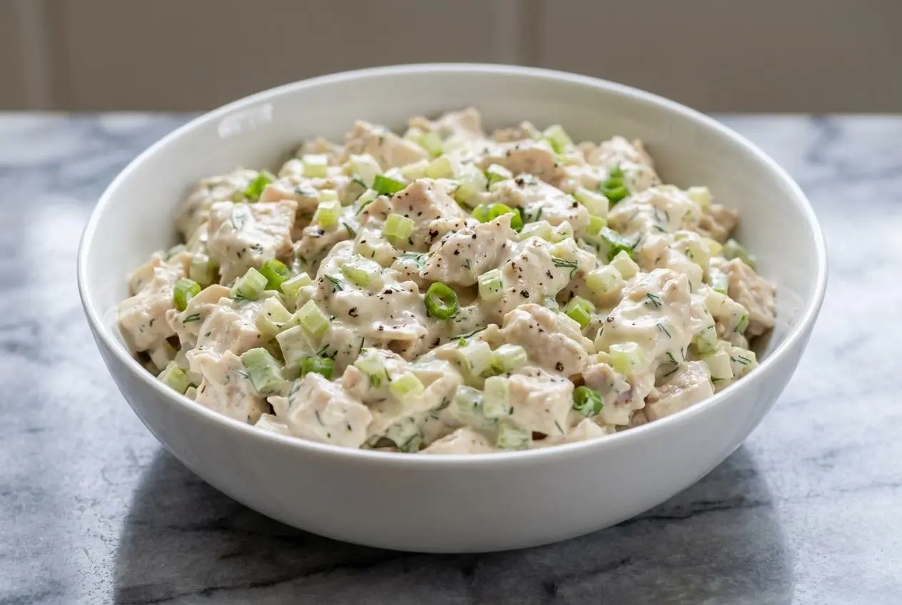 A bowl of creamy rotisserie chicken salad made with a crème fraîche dressing, garnished with fresh dill and celery.