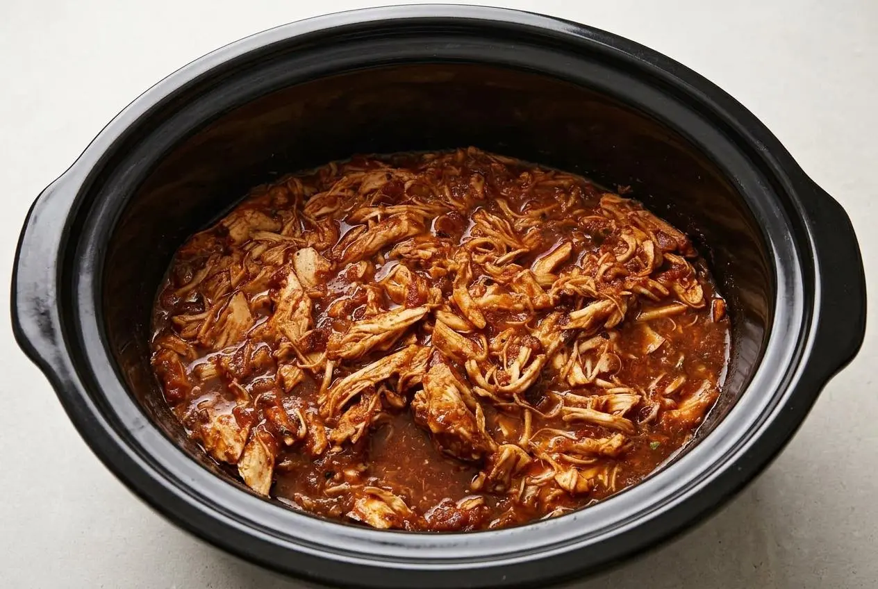 A white bowl filled with tender shredded salsa chicken, garnished with fresh cilantro and served with tortilla chips.