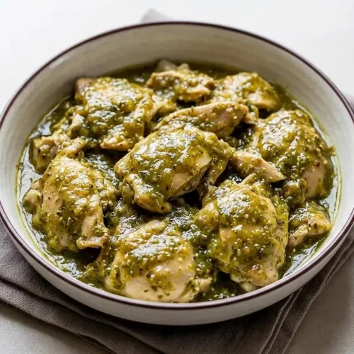 A dark baking dish filled with tender, shredded salsa verde chicken, showing the juicy texture of the meat in a vibrant green sauce.
