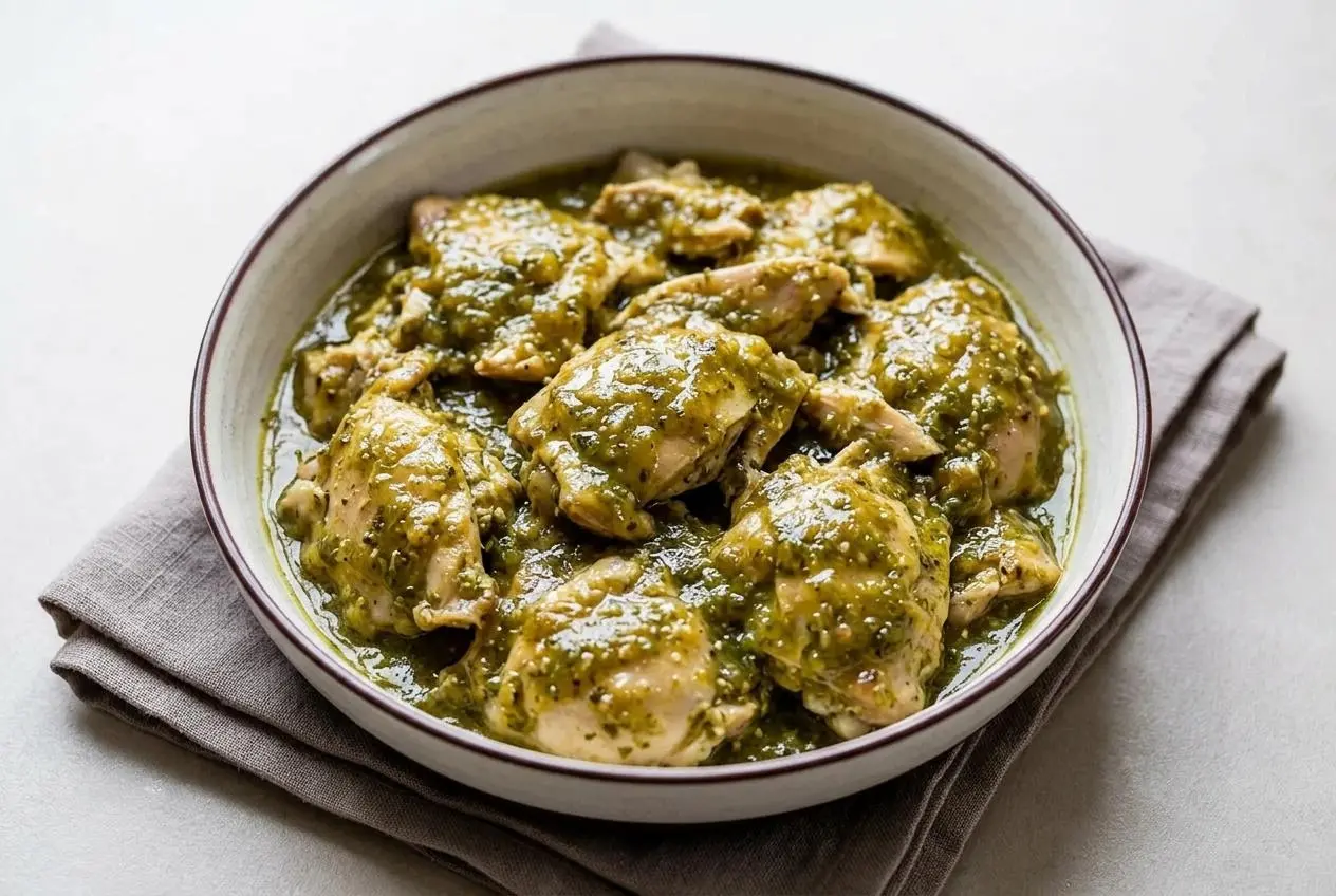 A dark baking dish filled with tender, shredded salsa verde chicken, showing the juicy texture of the meat in a vibrant green sauce.